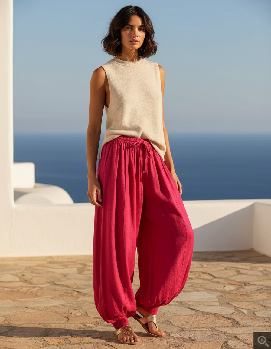 Pantalon En Lin Fuchsia Ample Fluide Décontracté Femme - Rose
