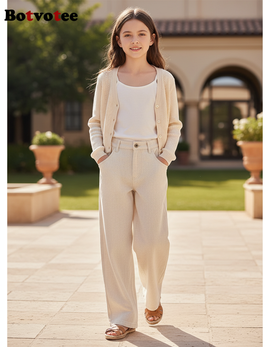 Pantalon En Lin Beige Ample Taille Haute Fille Décontracté