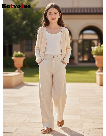 Pantalon En Lin Beige Ample Taille Haute Fille Décontracté