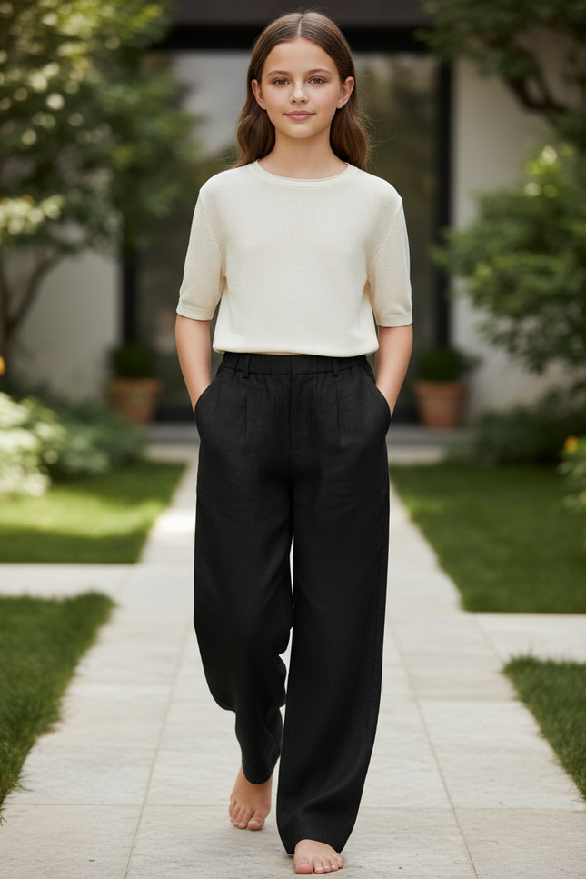Pantalon En Lin Fille Noir Coupe Ample