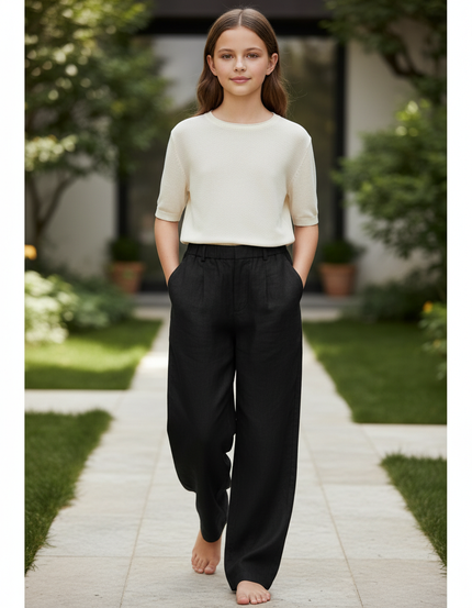 Pantalon En Lin Fille Noir Coupe Ample