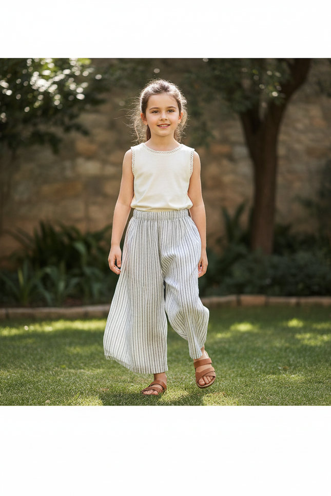 Pantalon En Lin Raye Bleu Et Blanc