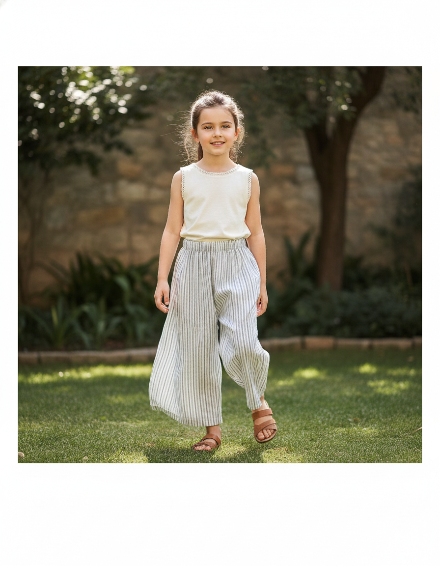 Pantalon En Lin Raye Bleu Et Blanc