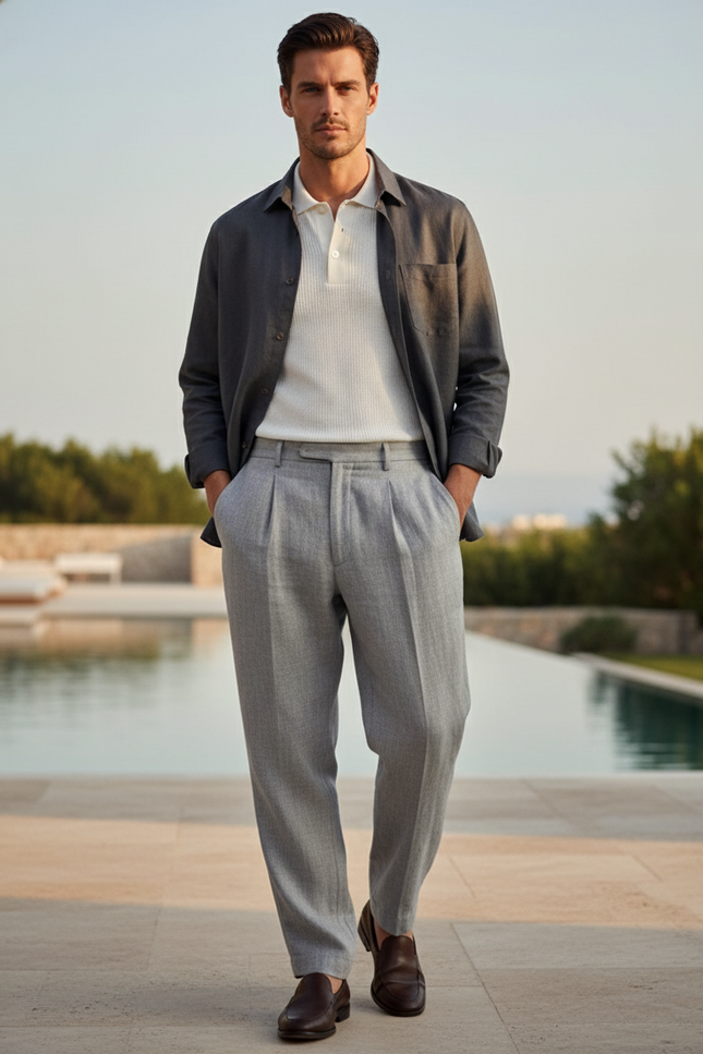 Pantalon Lin A Pince Homme - Gris