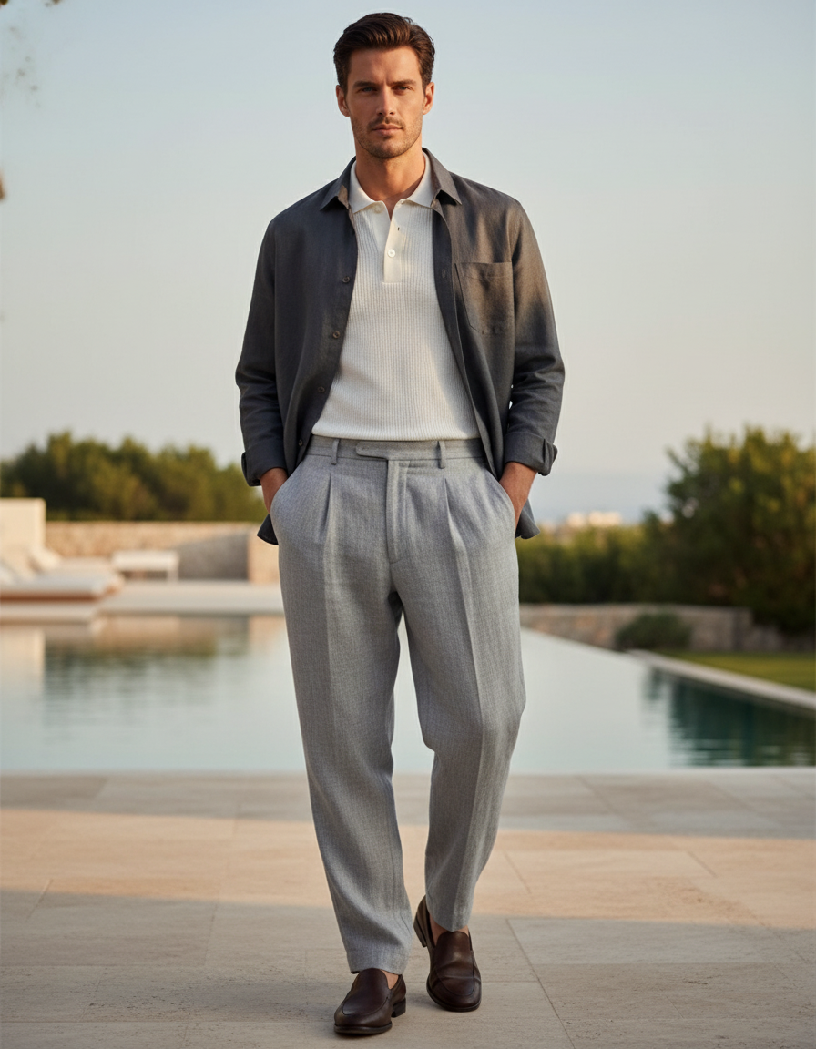 Pantalon Lin A Pince Homme - Gris