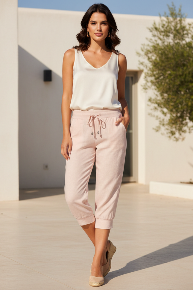 Pantalon En Lin Rose Capris Décontracté Cordon Femme