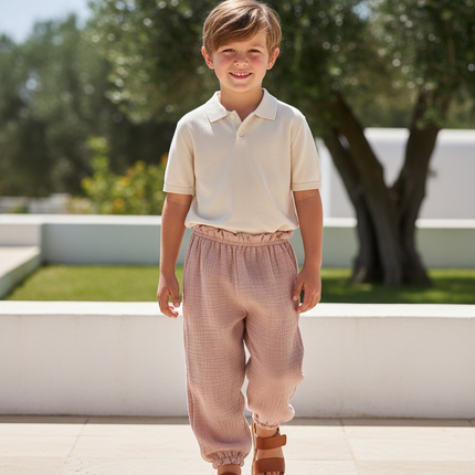 Pantalon En Lin Enfant Rose Ample Plissé Confortable