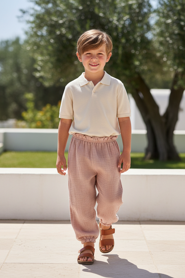 Pantalon En Lin Enfant Rose Ample Plissé Confortable