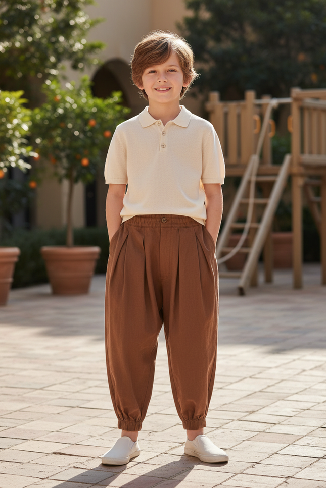 Pantalon En Lin Marron Ample Plissé Décontracté Garçon