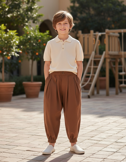 Pantalon En Lin Marron Ample Plissé Décontracté Garçon
