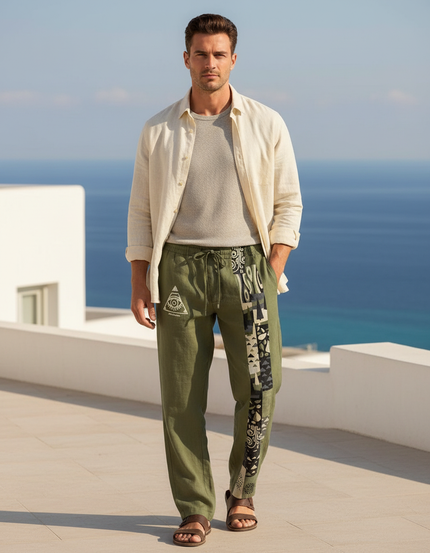 Pantalon En Lin Kaki Œil Mystique Tribal Homme Décontracté