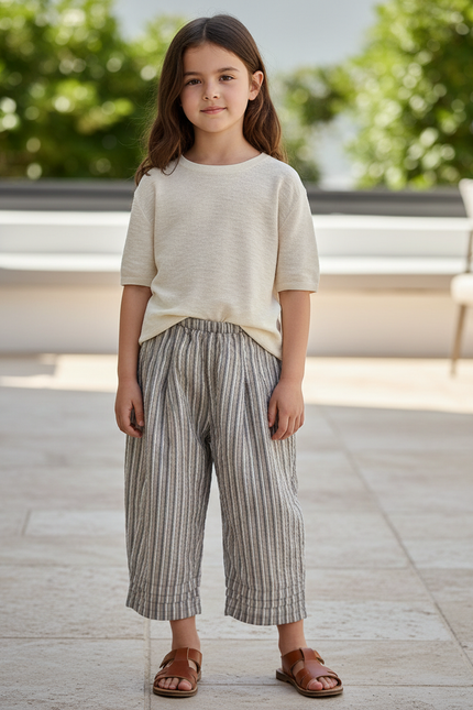 Pantalon En Lin Rayé Ample Confortable Enfant - Gris