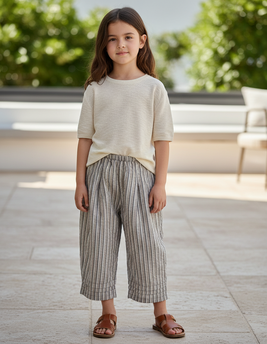 Pantalon En Lin Rayé Ample Confortable Enfant - Gris