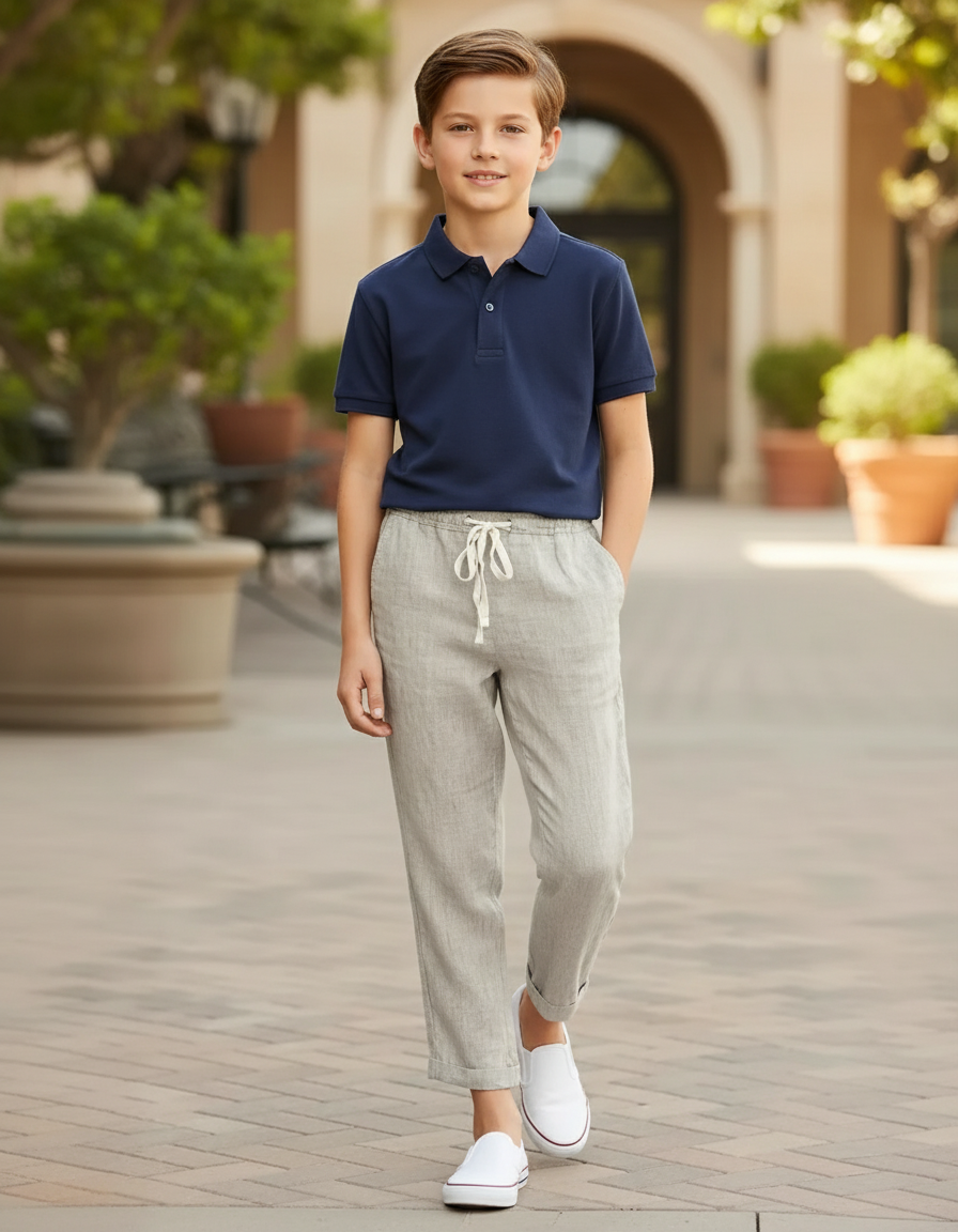 Pantalon En Lin Gris Clair Ample Cordon Enfant