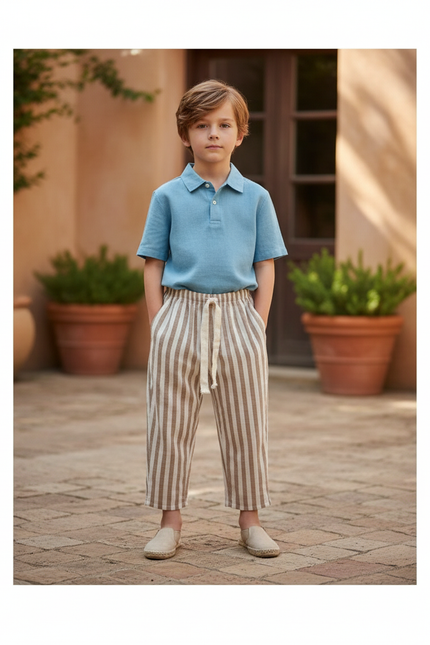 Pantalon En Lin Rayé Marron Ample Cordon Enfant