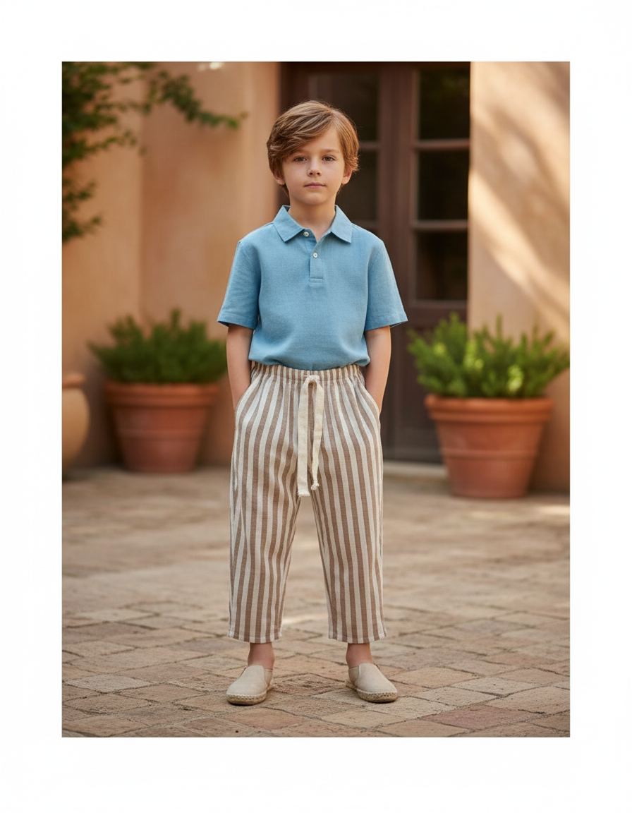 Pantalon En Lin Rayé Marron Ample Cordon Enfant