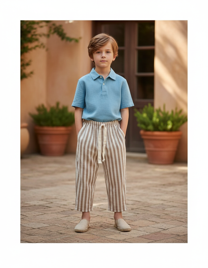 Pantalon En Lin Rayé Marron Ample Cordon Enfant