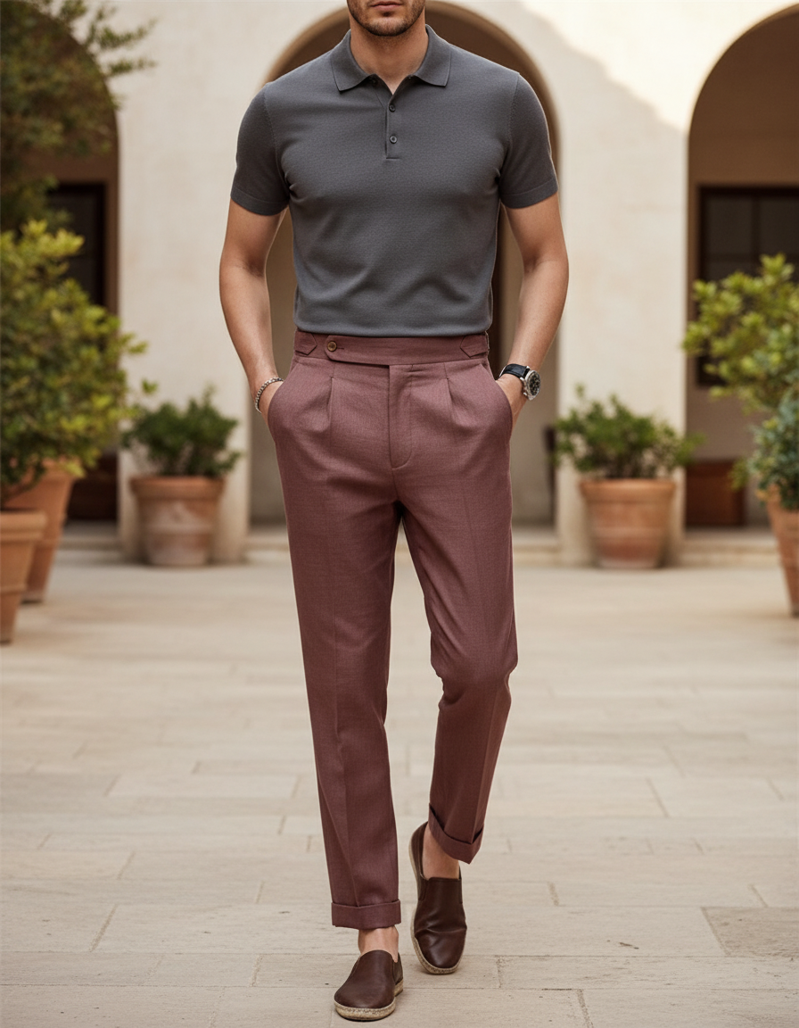 Pantalon En Lin Plissé Marron Droit Élégant Homme