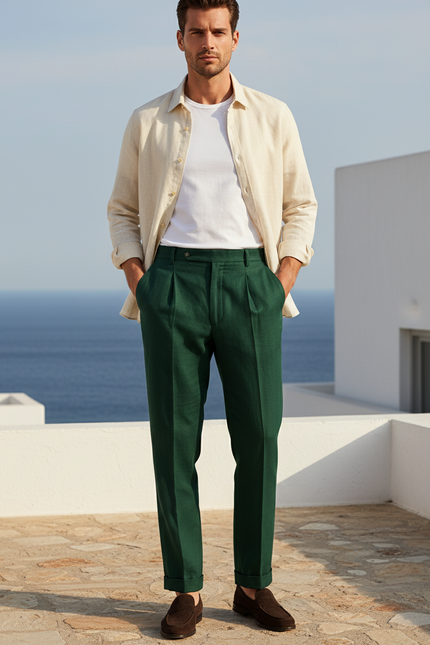 Pantalon En Lin Vert Foncé Plissé Élégant Homme Décontracté - Laine