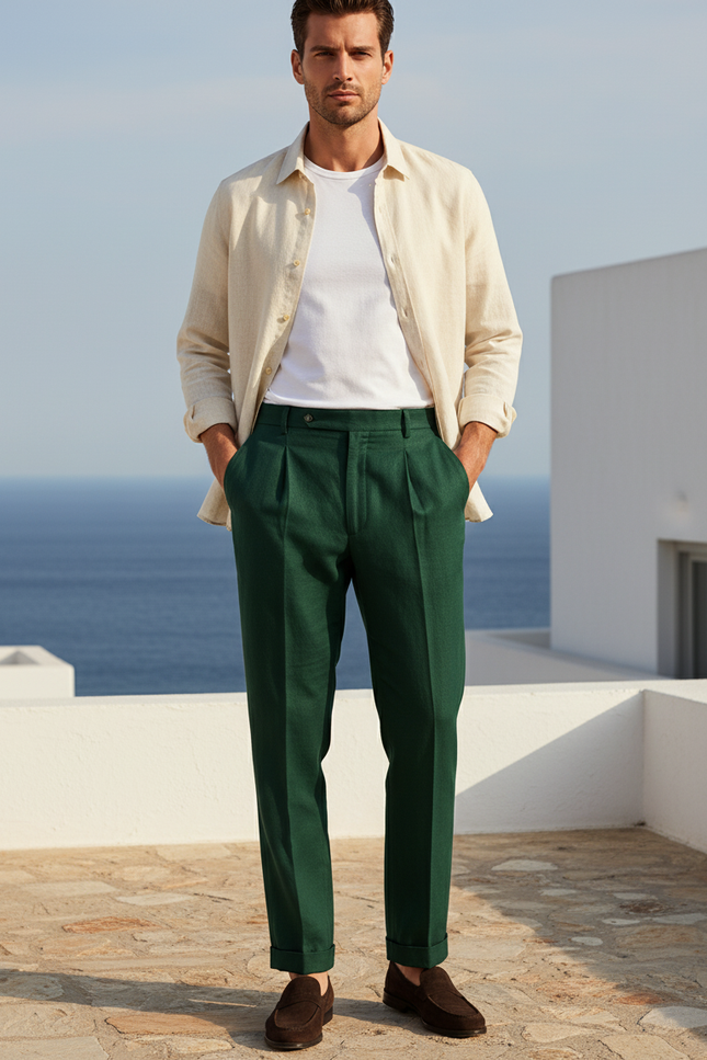 Pantalon En Lin Vert Foncé Plissé Élégant Homme Décontracté - Laine