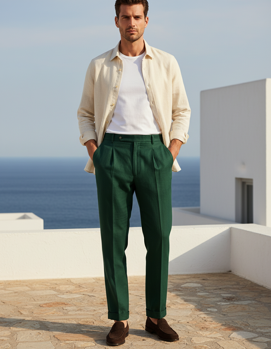Pantalon En Lin Vert Foncé Plissé Élégant Homme Décontracté - Laine
