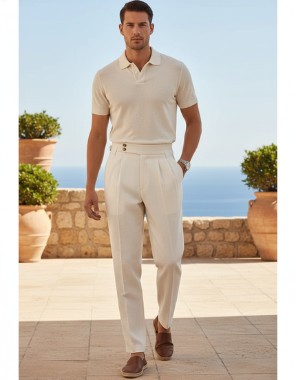 Pantalon En Lin Plissé Crème Droit Élégant Homme - Beige