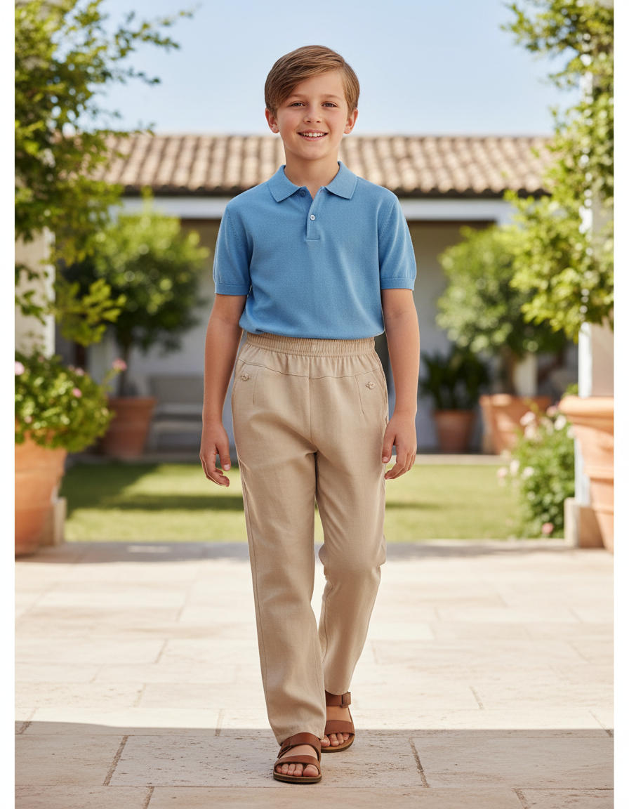 Pantalon En Lin Beige Droit Décontracté Enfant