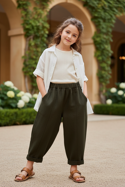 Pantalon En Lin Vert Foncé Ample Décontracté Enfant