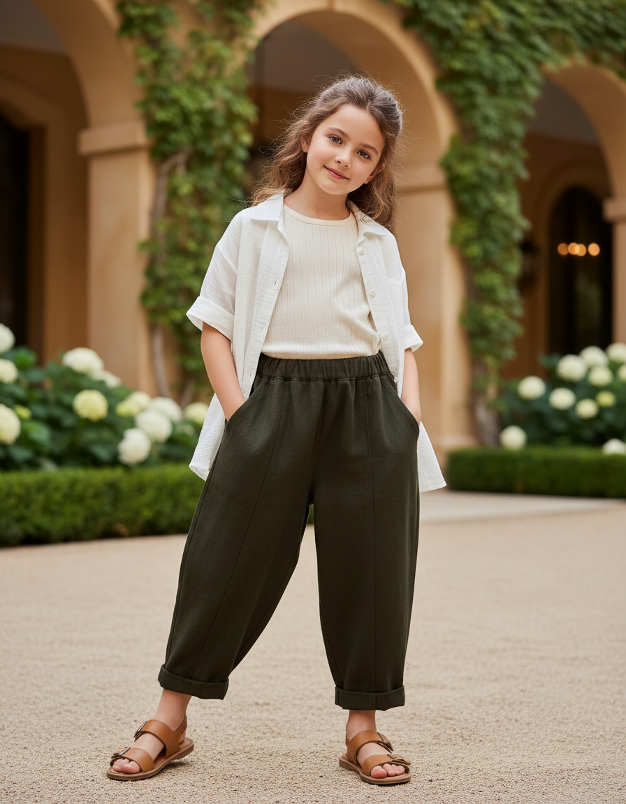 Pantalon En Lin Vert Foncé Ample Décontracté Enfant