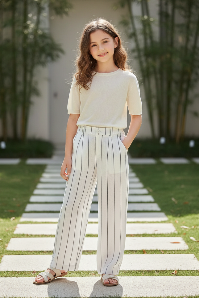 Pantalon En Lin Rayé Blanc Ample Décontracté Femme