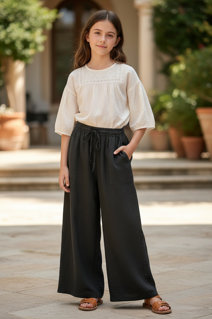 Pantalon En Lin Noir Ample Élastiqué Décontracté Fluide