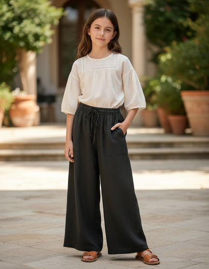 Pantalon En Lin Noir Ample Élastiqué Décontracté Fluide