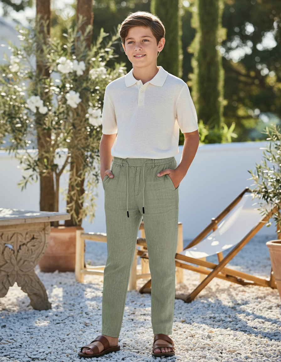 Pantalon En Lin Vert Ample Cordon Décontracté Garçon