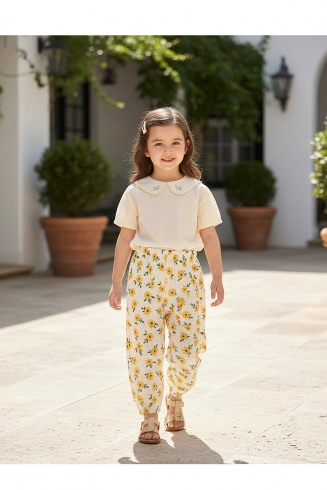 Pantalon En Lin Enfant Fleuri Ample Décontracté Léger - Jaune