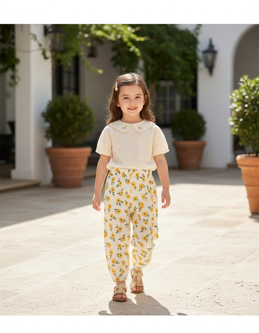 Pantalon En Lin Enfant Fleuri Ample Décontracté Léger - Jaune