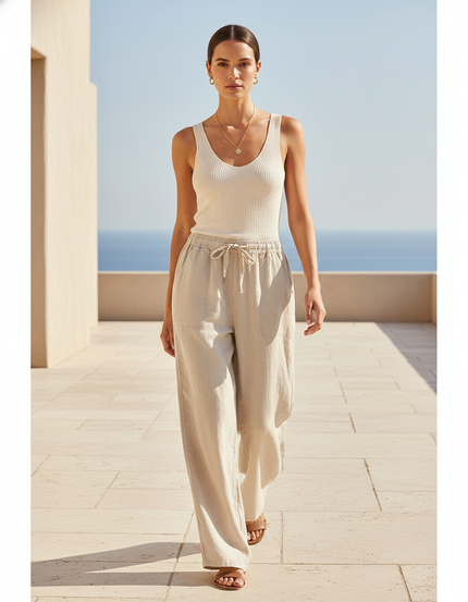Pantalon Lin Naturel Femme - Beige