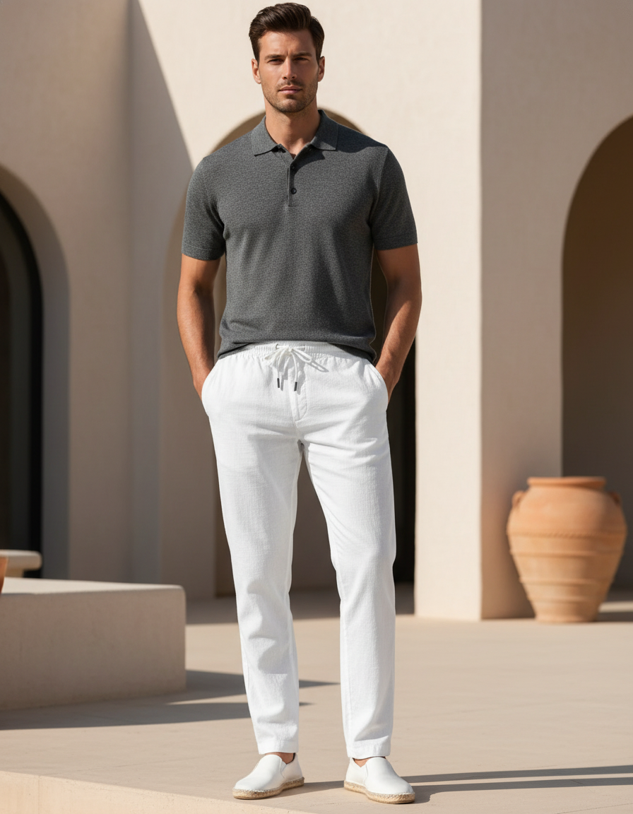 Pantalon En Lin Blanc Homme Droit Cordon Décontracté
