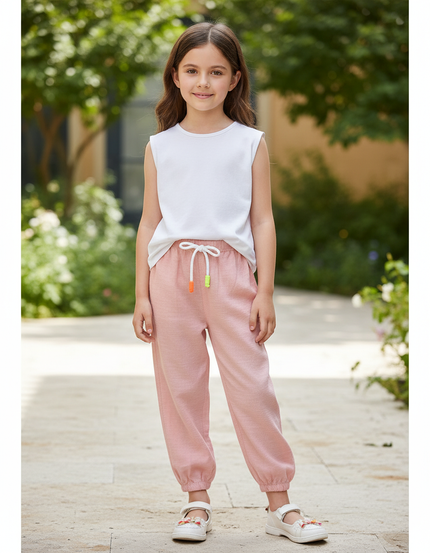 Pantalon En Lin Rose Clair Ample Cordon Enfant