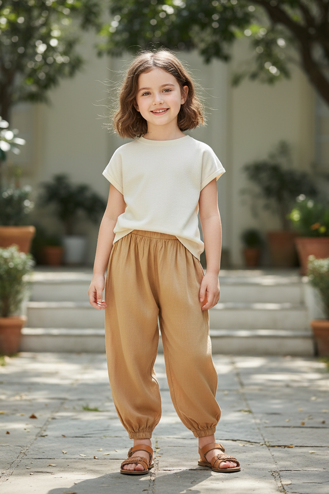 Pantalon En Lin Enfant Ample Confortable Élastique Marron