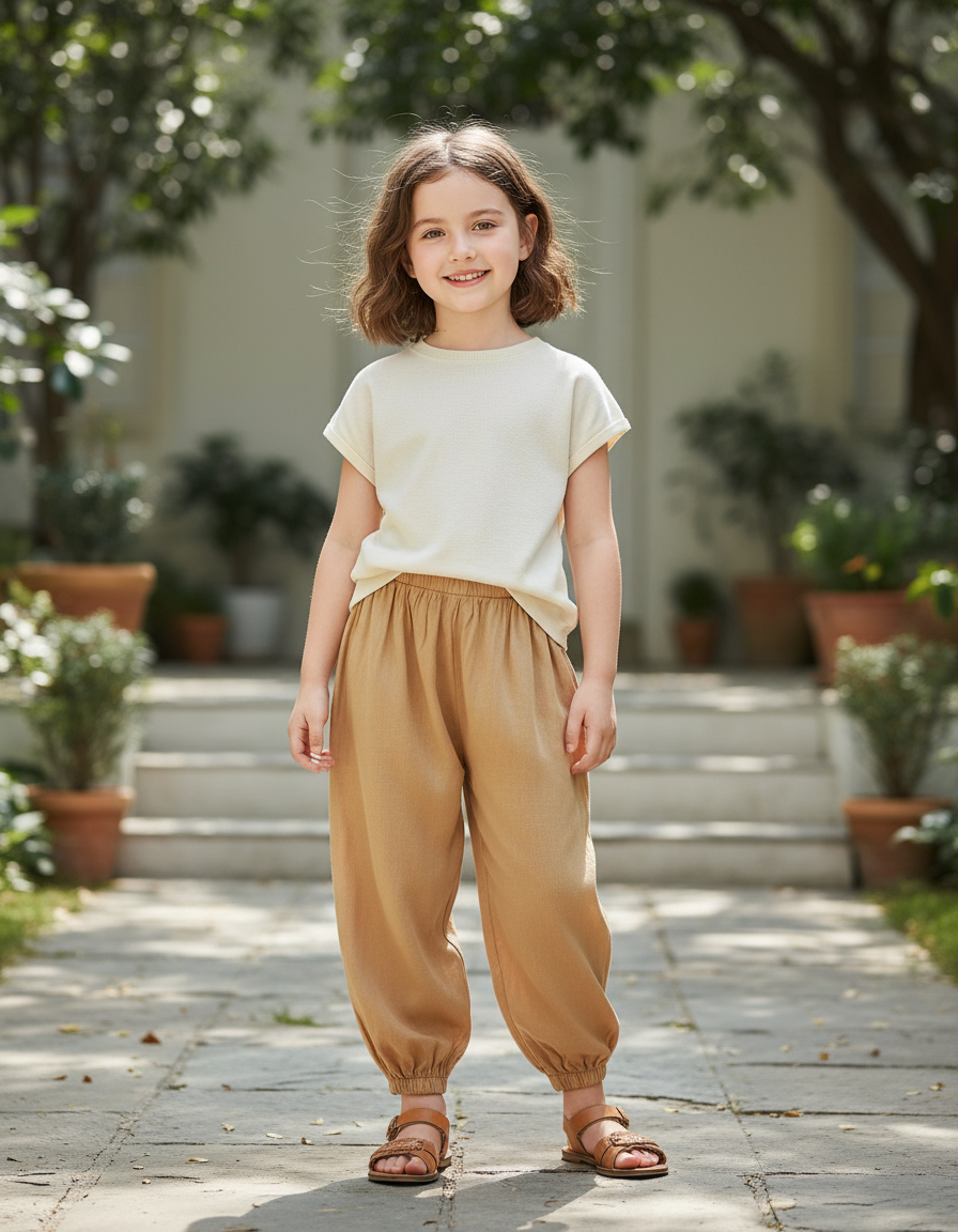 Pantalon En Lin Enfant Ample Confortable Élastique Marron