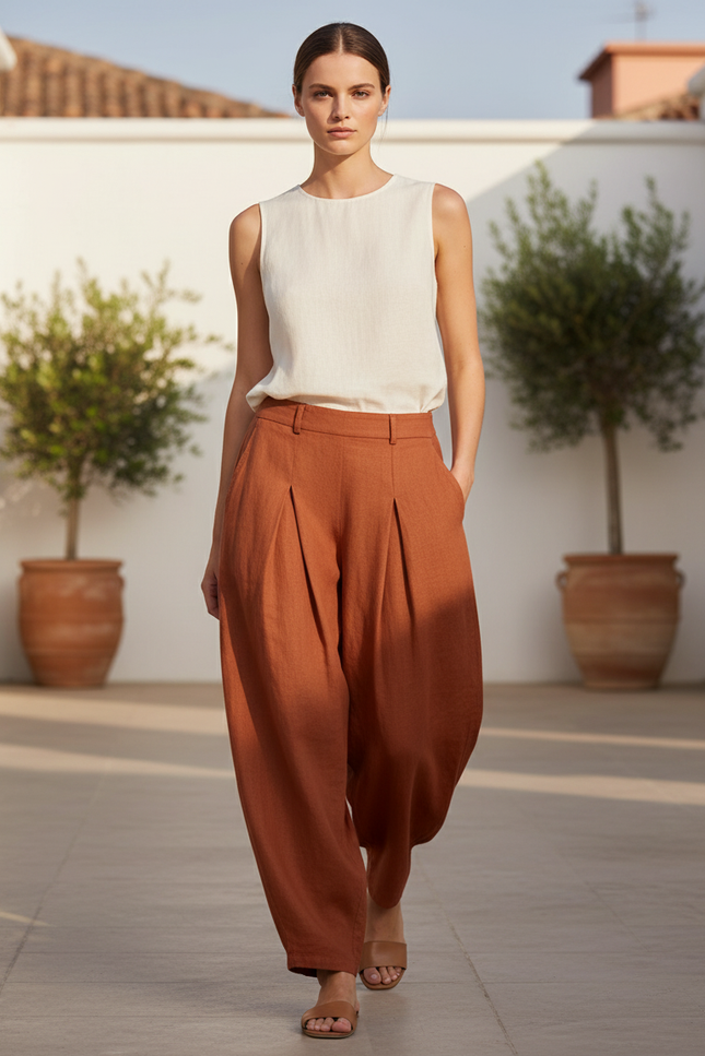 Pantalon En Lin Ample Plissé Confortable Marron Femme