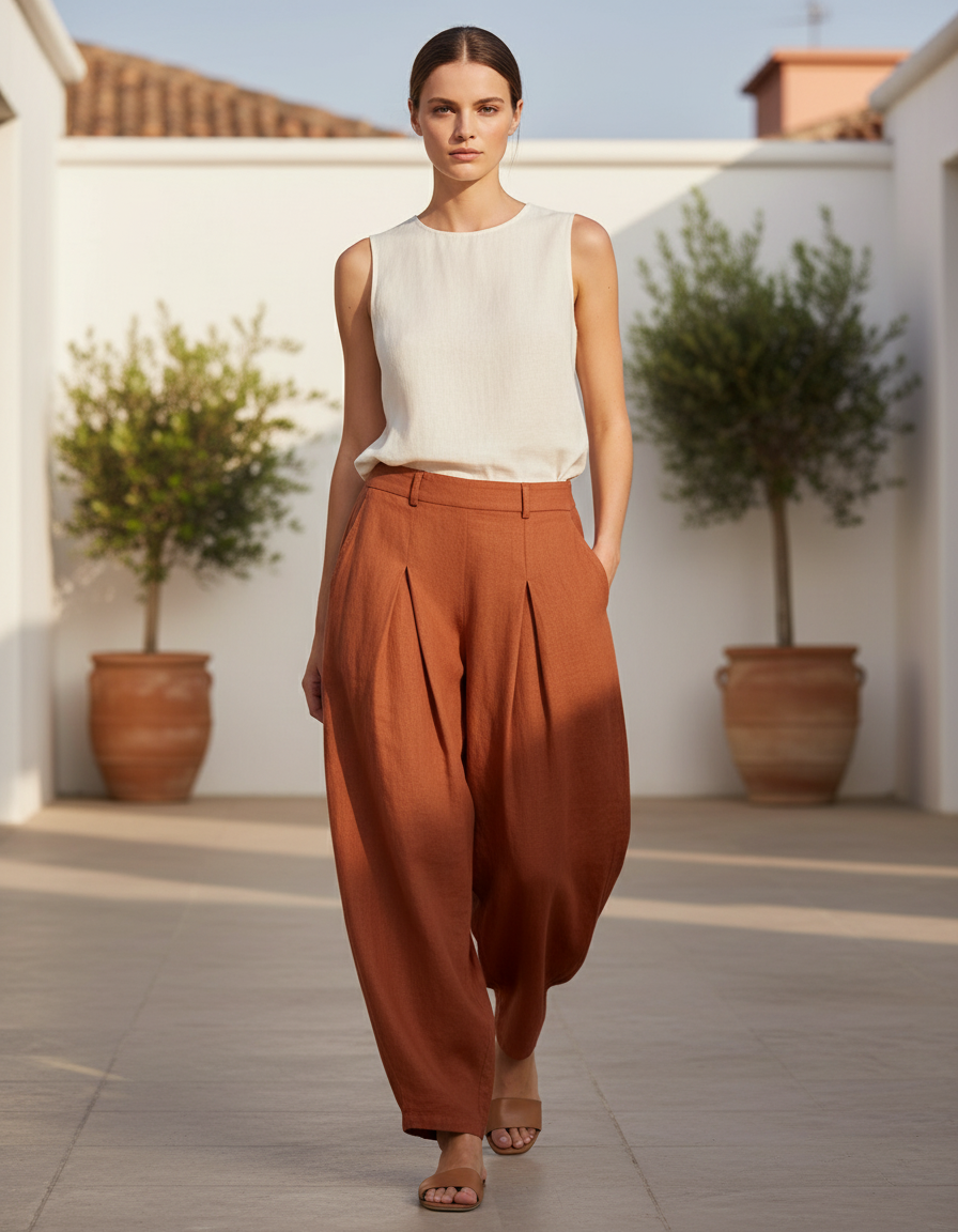 Pantalon En Lin Ample Plissé Confortable Marron Femme