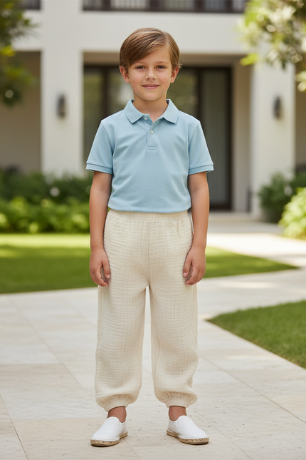Pantalon En Lin Enfant Crème Ample Décontracté - Beige