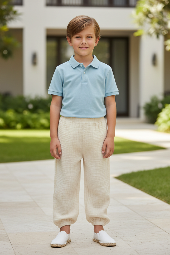 Pantalon En Lin Enfant Crème Ample Décontracté - Beige