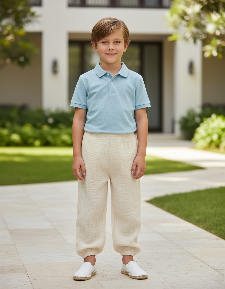 Pantalon En Lin Enfant Crème Ample Décontracté - Beige