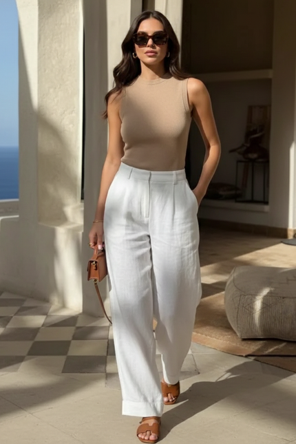 Pantalon En Lin Blanc Ample Léger Plié Chic