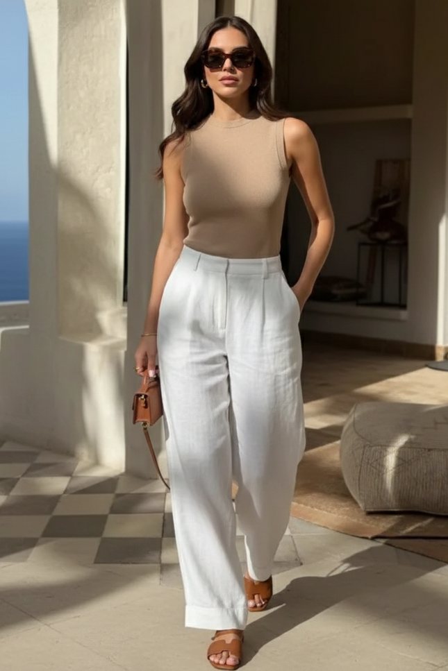 Pantalon En Lin Blanc Ample Léger Plié Chic