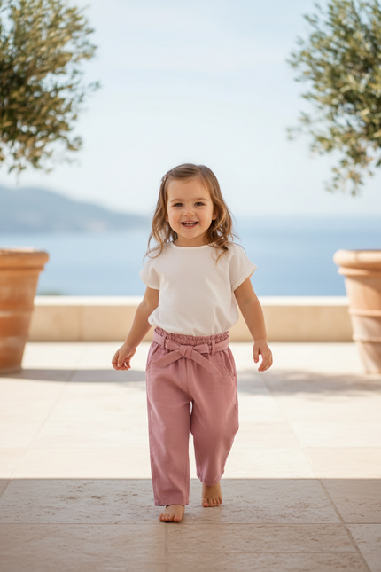 Pantalon En Lin Rose Fille Ample Décontracté Ceinturé