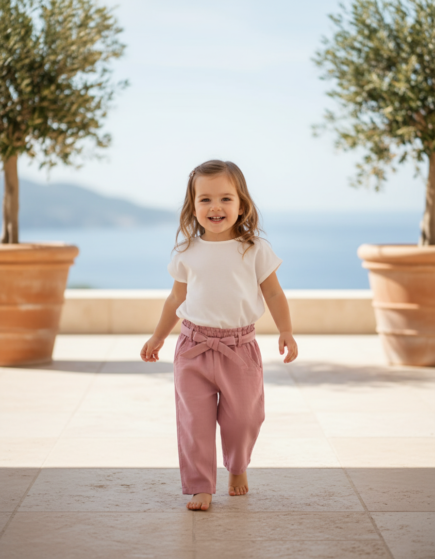 Pantalon En Lin Rose Fille Ample Décontracté Ceinturé