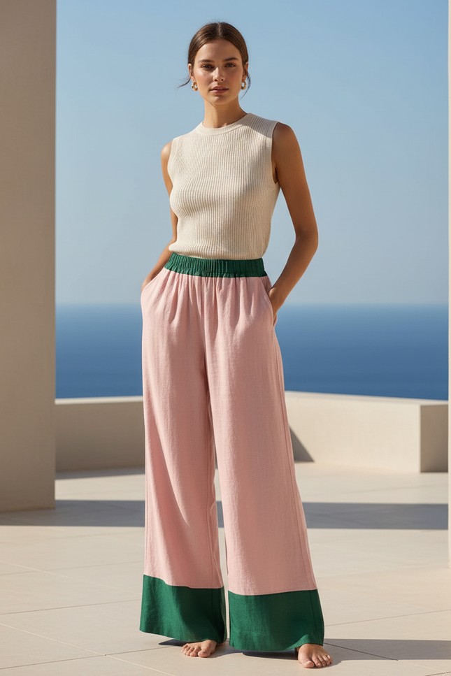 Pantalon En Lin Rose Vert Ample Décontracté Femme